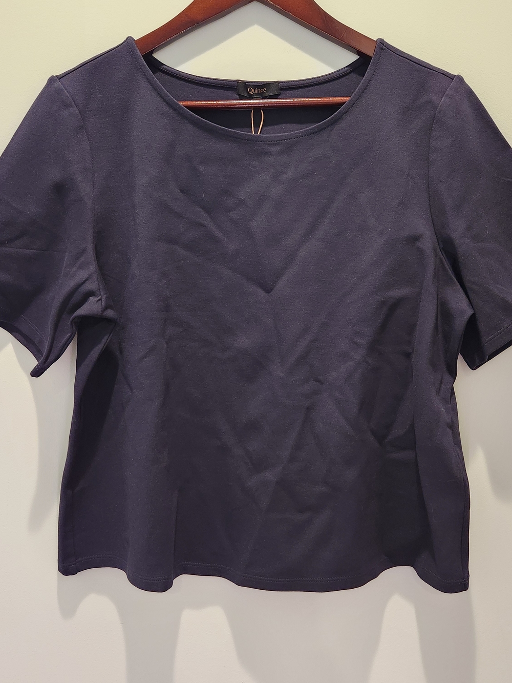 Quince Ultra Stretch Ponte Navy Short Sleeve Scoopneck Top Size Large NWT